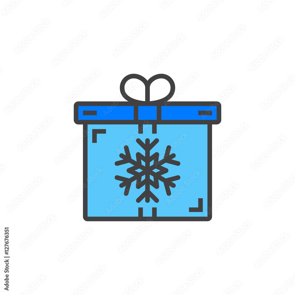 Christmas present symbol. Gift box with snowflake line icon, filled outline vector sign, linear colorful pictogram isolated on white. logo illustration Christmas present symbol. Gift box with snowflake line icon, filled outline vector sign, linear colorful pictogram isolated on white. logo illustration