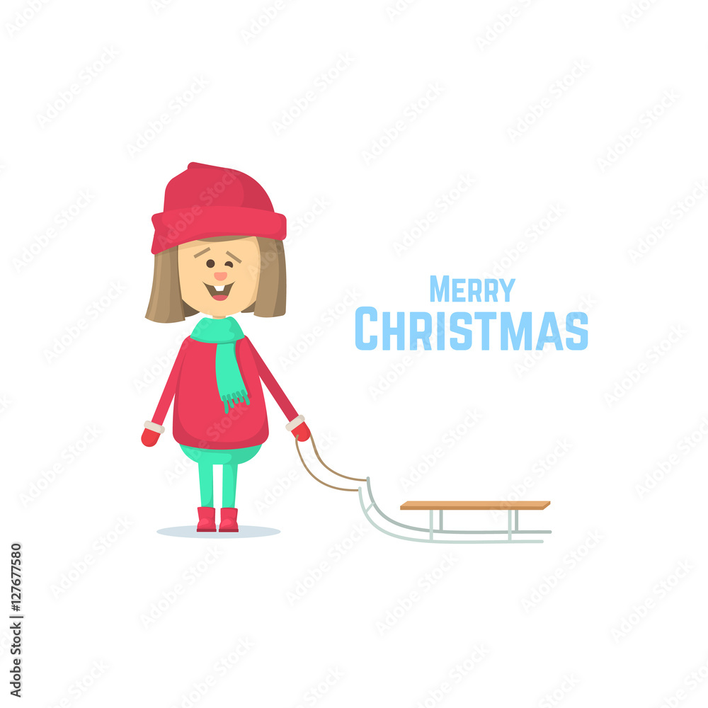 Christmas vacation. Girl with sledge. Vector illustration of a flat design. Christmas vacation. Girl with sledge. Vector illustration of a flat design.