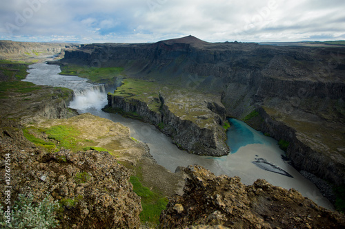 The merger of two rivers, Iceland, Dettifoss waterfall.