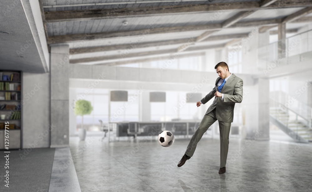 Playing office soccer . Mixed media Playing office soccer . Mixed media