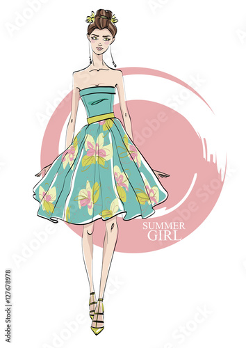 Fashionable girl in beautiful dress. Vector.