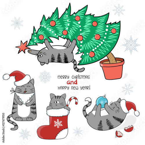 Christmas and New Year set. Cute cartoon cats with Santa hat, in Christmas stocking, on Xmas tree. Vector illustration. 