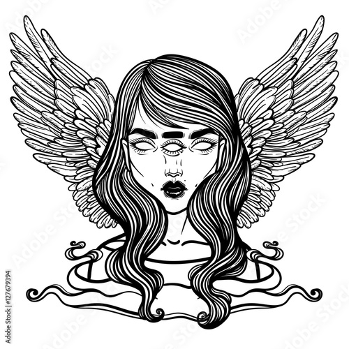 Portrait of mystic angel or demon of death in the form of a girl with three eyes. Vector illustration of a girl mutant. The oracle with three all-seeing eye. linear tattoo illustration