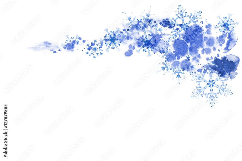 Winter wave with blue snowflakes and frosty pattern. Hand-painted illustration