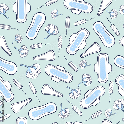 Seamless pattern with sanitary napkins and tampons. Feminine hygiene. Vector background. 