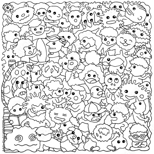 funny monster animal group hand drawn vector drawing illustration design