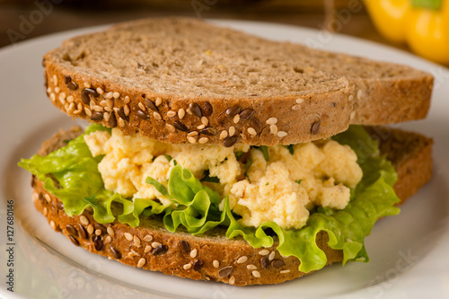 Egg salad sandwich with whole grain bread on a plate, close up view