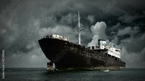 10557 scary fog clouds behind old shipwreck ghost ship
 photo