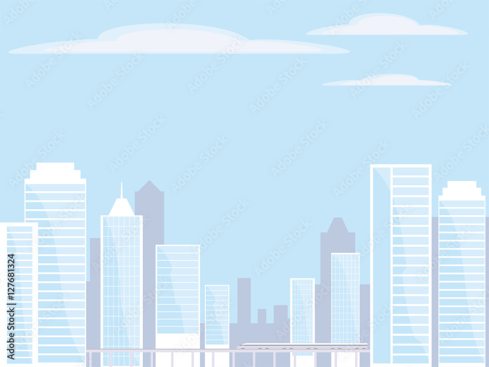 Abstract image of a modern city. Cityscape with tall buildings, skyscrapers and high speed rail. Vector background for design presentations, brochures, web sites and banners.