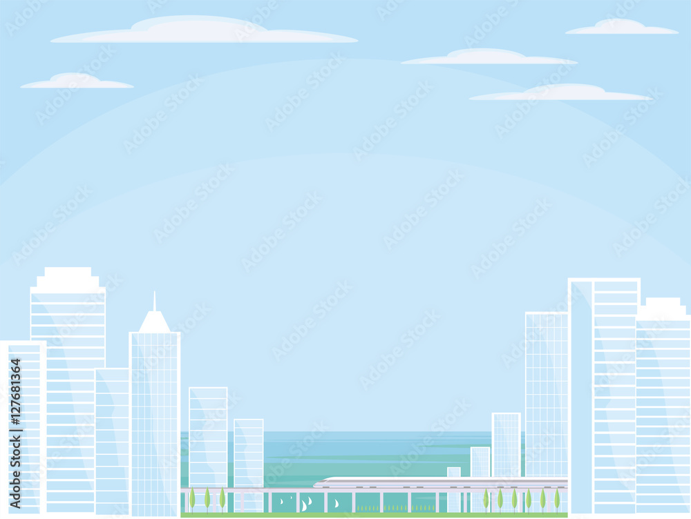 Abstract image of a modern seaside city. Cityscape with tall buildings, skyscrapers and high speed rail. Vector background for design presentations, brochures, web sites and banners.