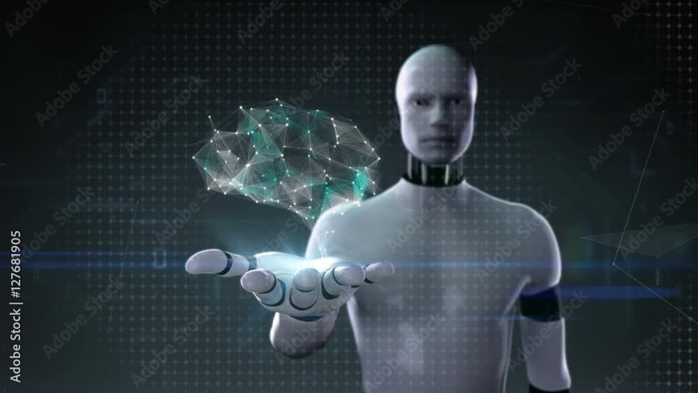 Robot cyborg open palm, Brain connect digital lines, grow artificial intelligence. Robot cyborg open palm, Brain connect digital lines, grow artificial intelligence.