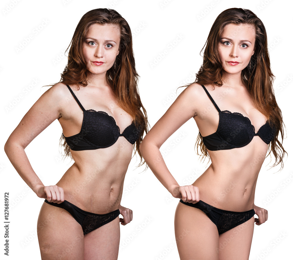 Woman body before and after retouch. - obrazy, fototapety, plakaty 