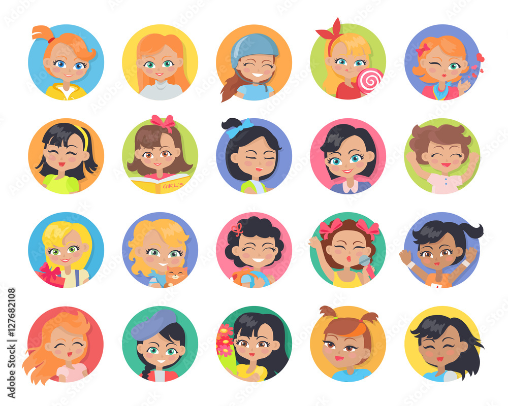 Set of Girl Avatar Userpics Buttons Isolated. Set of Girl Avatar Userpics Buttons Isolated.