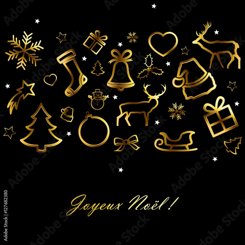 Carte de Noël avec éléments dorés sur fond noir