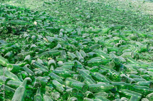 background many recycle  pieces of broken glass bottles in green