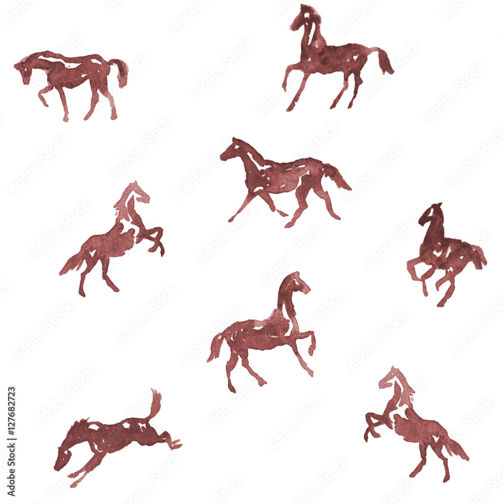 Obraz premium Watercolor hand painting horses pattern. Hand drawing background. Set of horses in motion rearing horse, running horse illustration.