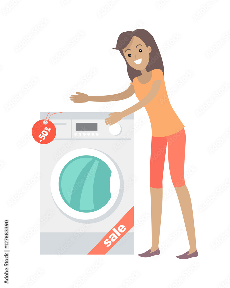 Woman Buys Washing Machine in Flat Style Isolated Woman Buys Washing Machine in Flat Style Isolated