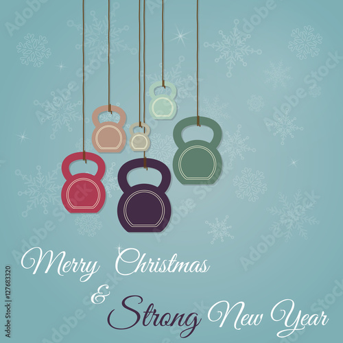 Christmas and New Year greeting card with kettlebells