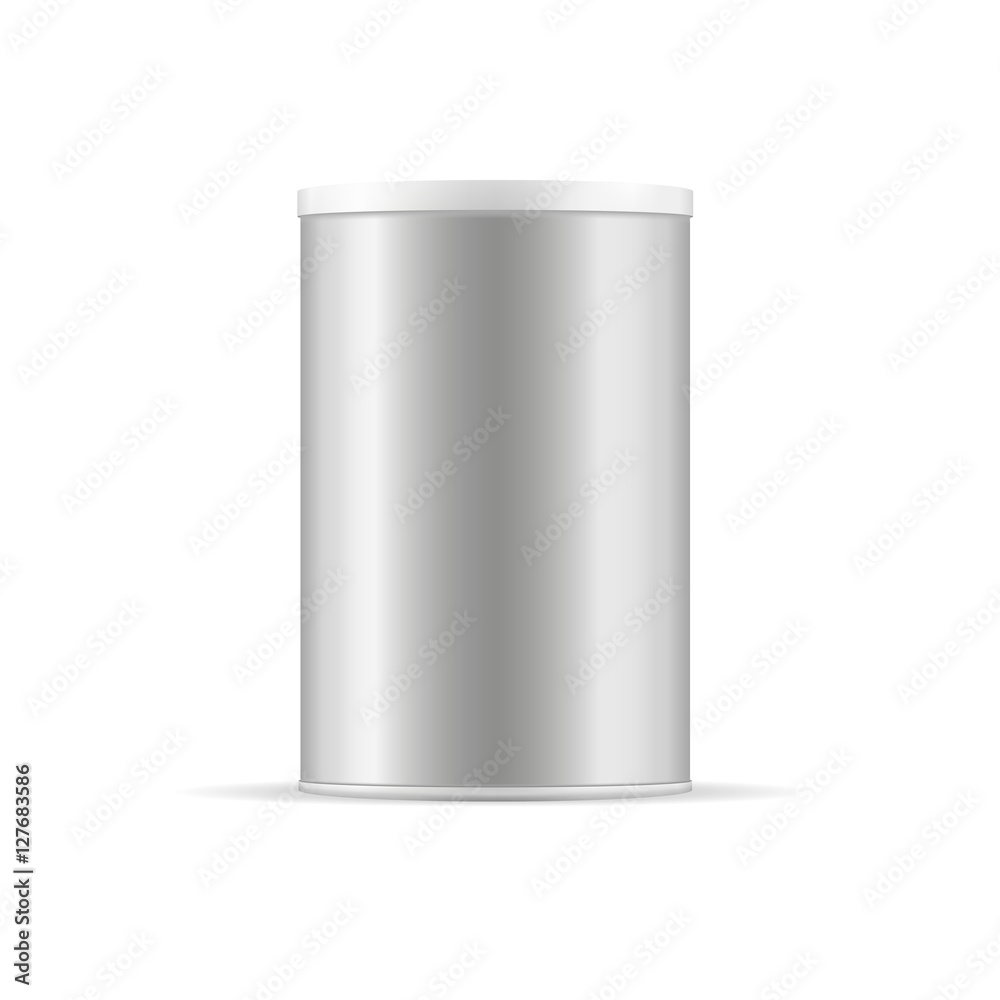 Round grey glossy tin can with lid. Container for products - tea, coffee, sugar, cereals, candy, spice, cookies, powder milk and others. Realistic packaging vector mockup template. Round grey glossy tin can with lid. Container for products - tea, coffee, sugar, cereals, candy, spice, cookies, powder milk and others. Realistic packaging vector mockup template.