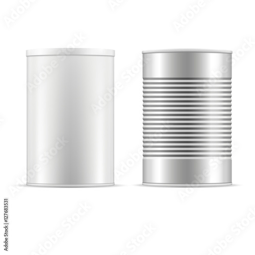 Set of tin cans. White tin can with white cap and metallic can. Vector realistic illustration.