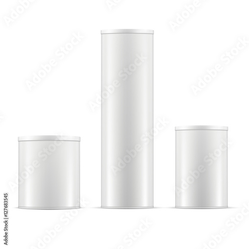 White tin cans. Tin box collection with covers. Vector set of round metallic containers with plastic caps for baby powder milk, tee, coffee, candies and other products. Packing for bottle of wine.