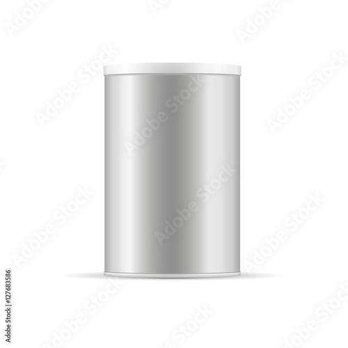 Round grey glossy tin can with lid. Container for products - tea, coffee, sugar, cereals, candy, spice, cookies, powder milk and others. Realistic packaging vector mockup template.