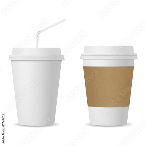 Realistic coffee and paper cups with straw mockup