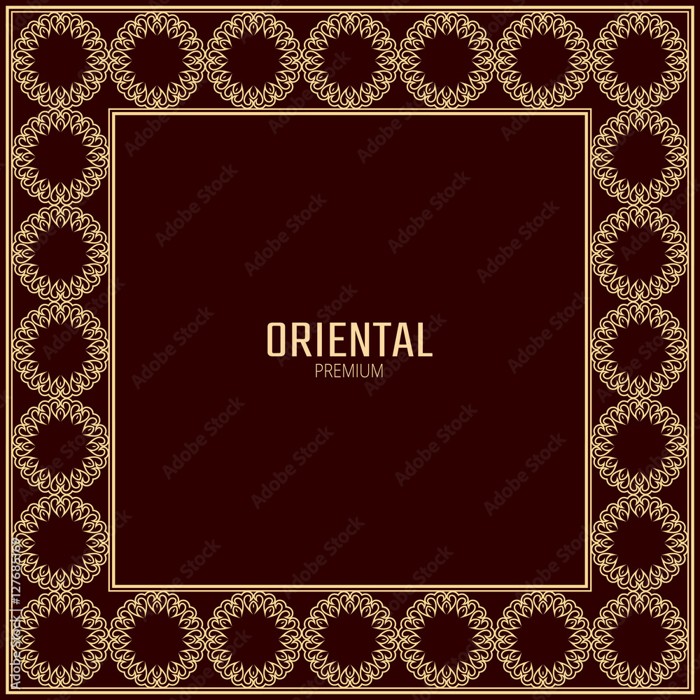 Vector geometric frame oriental style. Square vector border for design. Islamic border. Light golden vector frame.