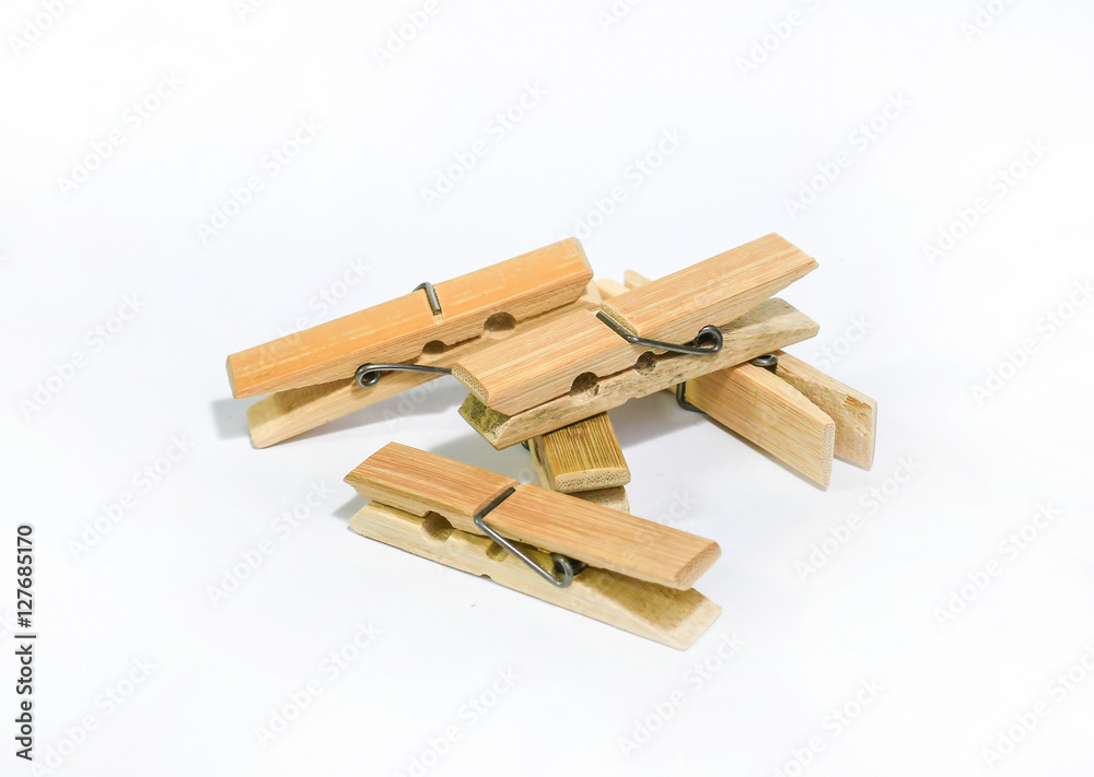 Wooden five clothespins isolated on white background, Wooden Cloth Pegs Wooden five clothespins isolated on white background, Wooden Cloth Pegs