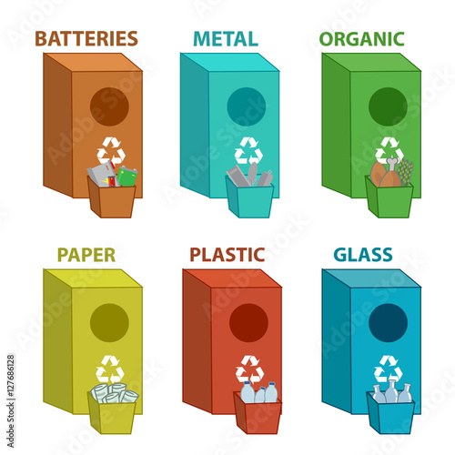 Different colored recycle waste bins vector illustration, Waste types segregation recycling vector illustration. Organic, batteries, metal plastic, paper, glass waste. Vector illustration