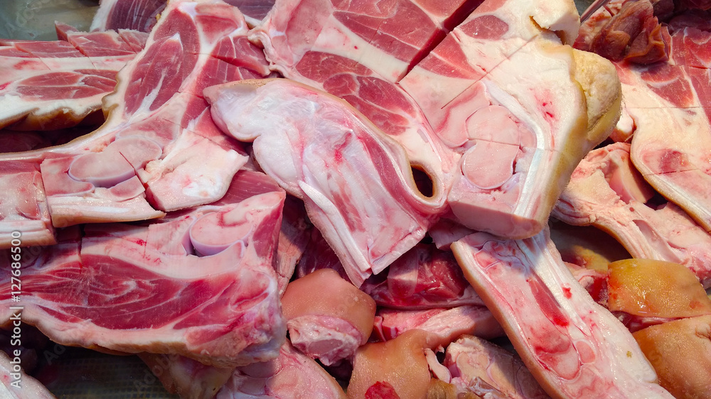 Meat raw Food  - Close up pork leg split in market
