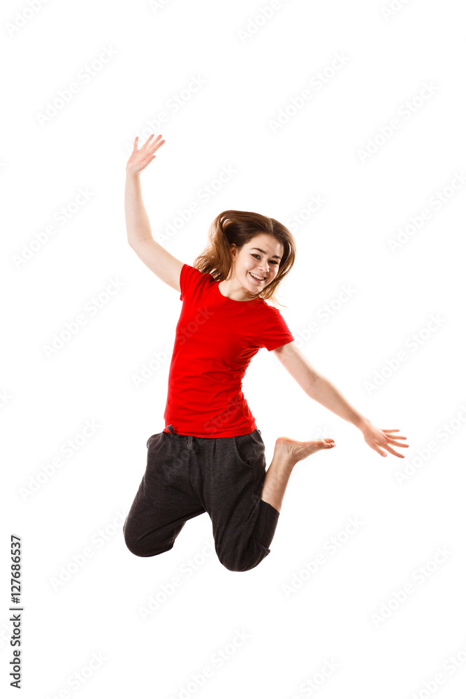 Young woman jumping on white background Young woman jumping on white background
