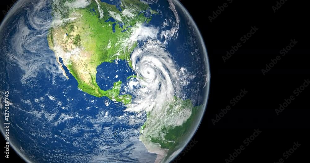 Huge hurricane on planet Earth nearing Florida, USA, viewed from planets orbit. 3D animation. Elements of this image furnished by NASA. 