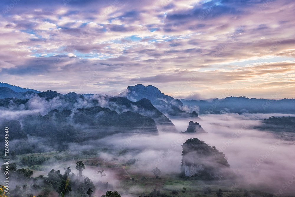 Landscape of Morning Mist with Mountain.
