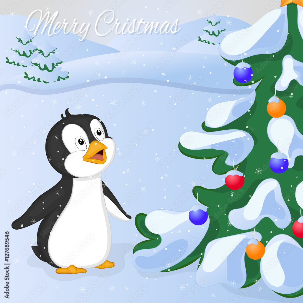 Obraz premium Funny and cute penguin saw Cristmas Tree at the first time. Merry Christmas and Happy New year card. Christmas card in cartoon style. Vector illustration.