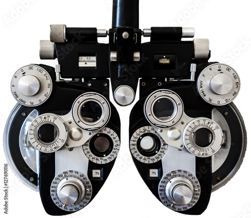 Eyesight measurement with a optical phoropter on white background photo