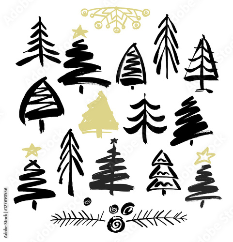 Hand drawn grunge Christmas trees. Ink painting