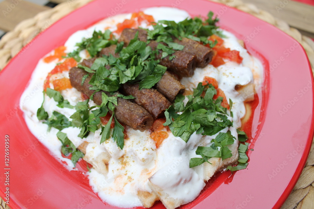 Turkish food meatball with yogurt Turkish food meatball with yogurt