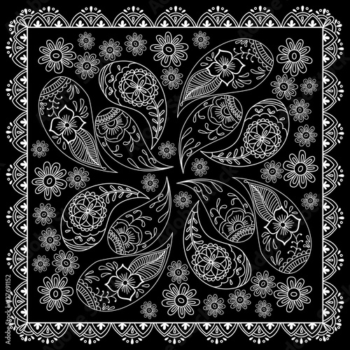 Black and white abstract bandana print with  element henna style. Square pattern design for pillow, carpet, rug. Design for silk neck scarf, kerchief, hanky