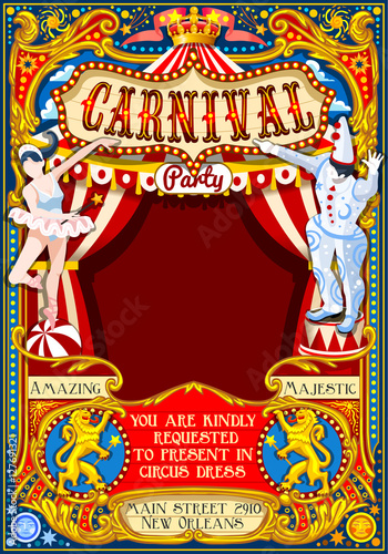 Circus juggler show Retro Template. Cartoon Poster Invite. Kids game Birthday Party Insight. Carnival festival Background Juggling Acrobatic Cabaret Vintage vector background. Acrobat Clown theme.