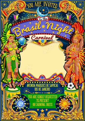 Rio Carnaval festival poster illustration. Brazil night Show Carnival Party Parade masquerade invitation card template. Latin dance event with samba or salsa dancer theme. Carnival mask vector symbol