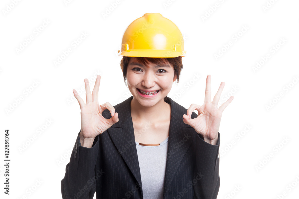 Asian engineer woman show OK with both hands. Asian engineer woman show OK with both hands.