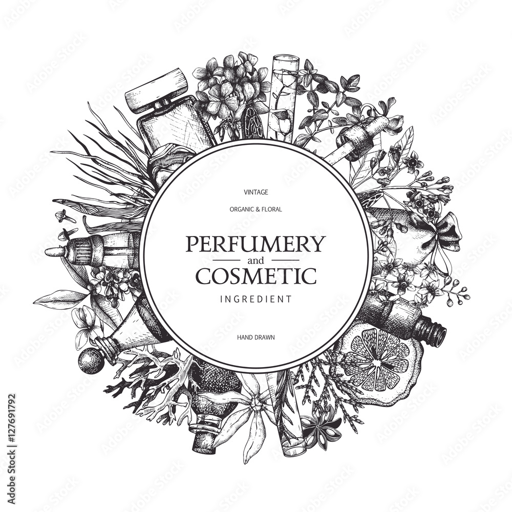 Vector design with hand drawn perfumery and cosmetics ingredients. Decorative background with vintage aromatic plants sketch. - obrazy, fototapety, plakaty 