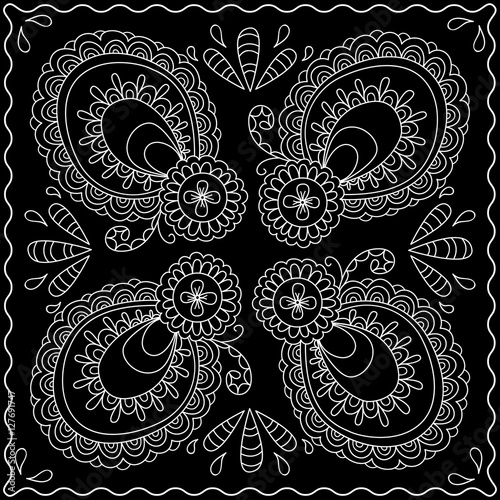 Black and white abstract bandana print with  element henna style. Square pattern design for pillow, carpet, rug. Design for silk neck scarf, kerchief, hanky