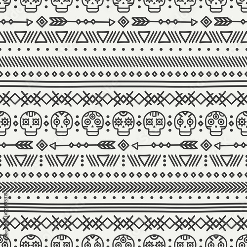 Day of the Dead. Tribal hand drawn line mexican ethnic seamless pattern. Border. Wrapping paper. Print. Doodles. Tiling. Handmade native vector illustration. Aztec background. Texture. Style skull.