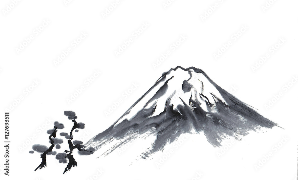 富士山と松林 水墨画 三保の松原 Stock Illustration Adobe Stock