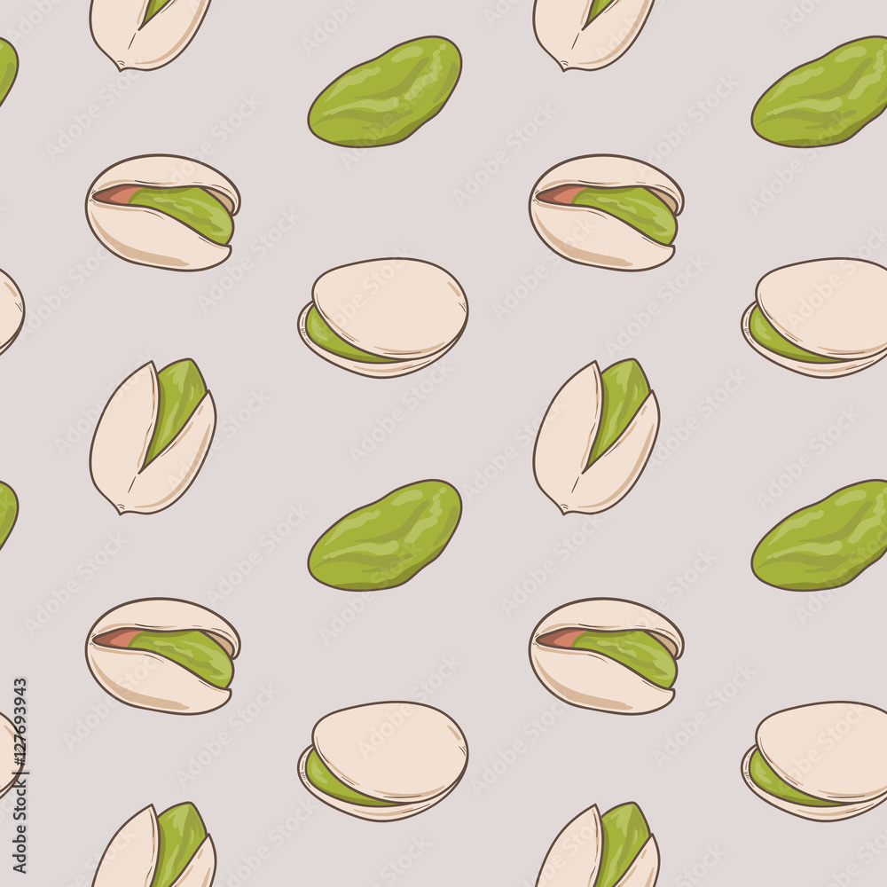 Seamless pattern with shelled and whole pistachio nuts. Hand drawn ...