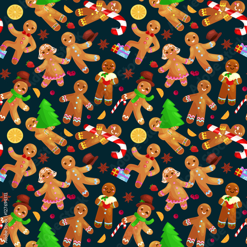 Seamless pattern christmas cookies gingerbread man and girl decorated with icing dancing and having fun in a cap with the Christmas tree and gifts, xmas sweet food vector illustration