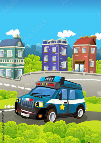 Cartoon stage with different police vehicles - truck - colorful and cheerful scene - illustration for children © honeyflavour