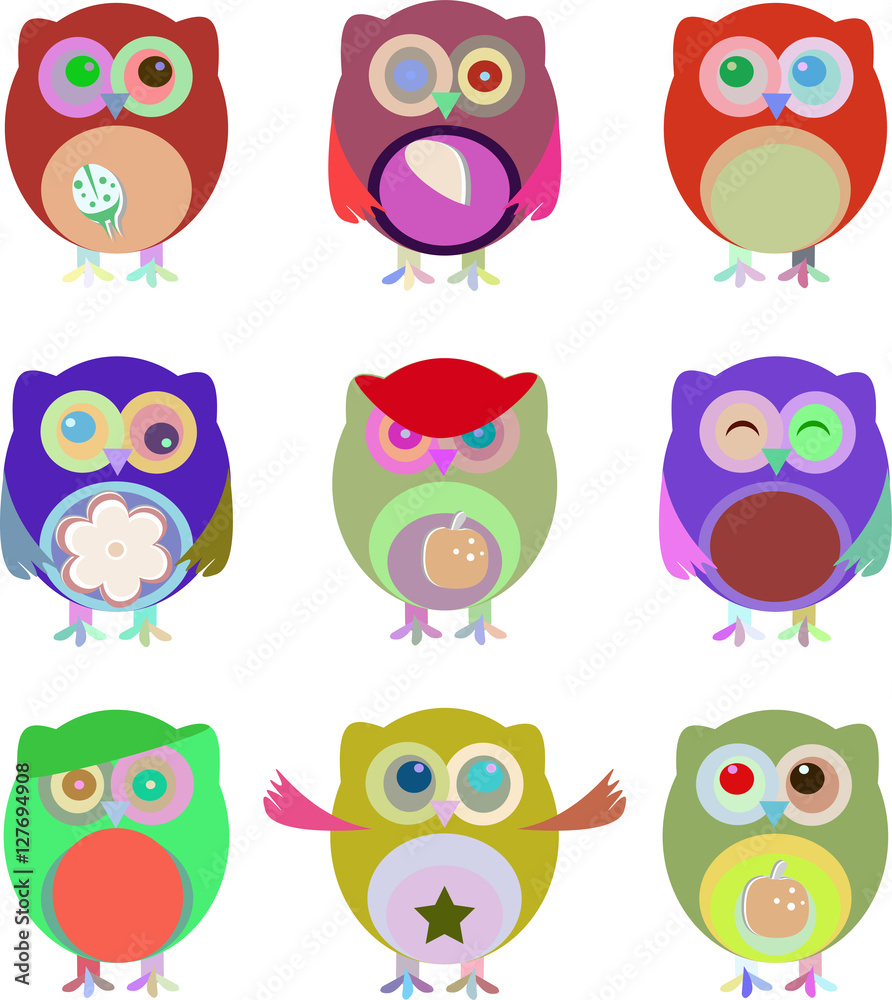 Set of nine cartoon owls with various emotions